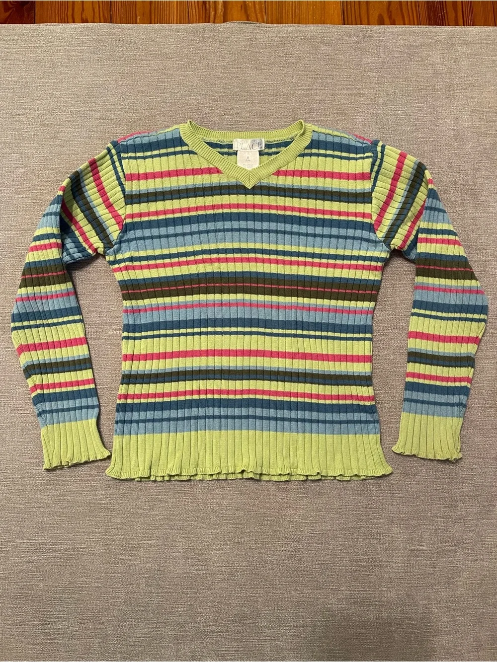 The Children's Place Striped Ribbed V-Neck Sweater Lime Blue Pink Girls S (5/6)